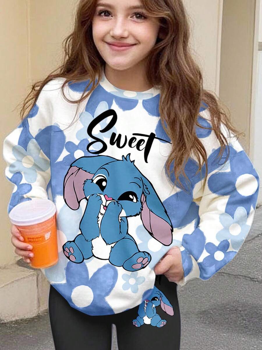 SHEIN 可爱卡通蓝色兔子图案，蓝色渐变花卉，校园街头风，少女休闲宽松保暖圆领卫衣，适合秋冬季穿着 - 彩色 - 查看 1