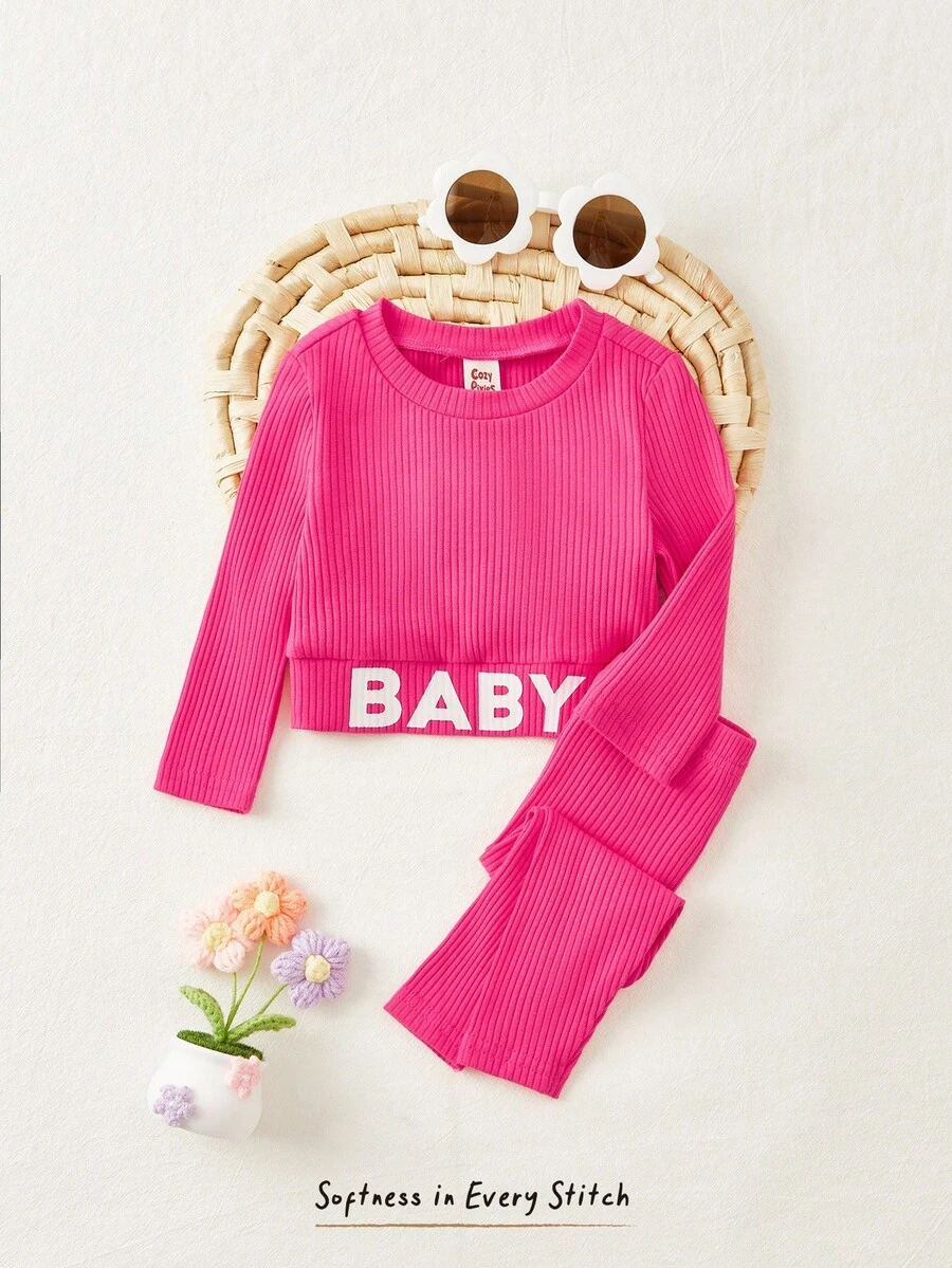 Cozy Pixies Áo phông và quần legging dệt kim có gân họa tiết chữ cho bé gái - Màu Hồng Tươi - Xem 1