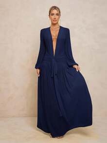 Lumalex Damen extra langes Kleid mit Leggings, transparenter V-Ausschnitt, Puffärmel, geraffter Bindedetail, abnehmbarer Metallschnalle und Oversized Rock - marineblau - Übersicht 4