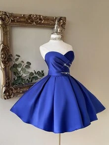 Lovelzi 优雅蓝色水钻短款A字系带露背抹胸连衣裙，适合婚礼、派对、约会、度假、舞会、婚礼宾客、派对礼服、情人节等场合。 - 藍色 - 查看 6