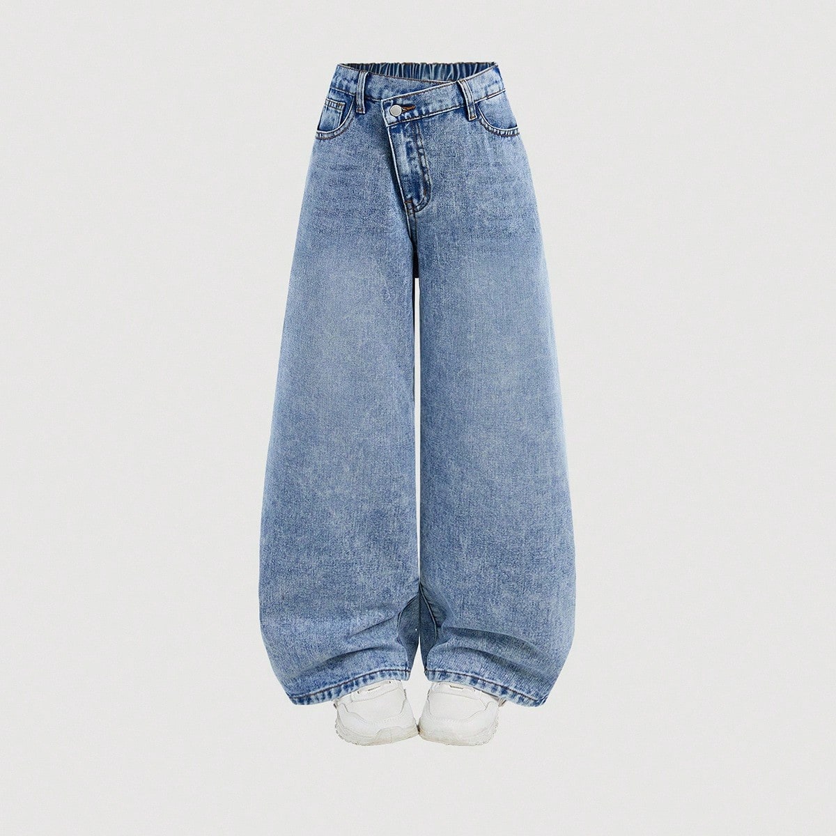 Jeans sueltos y cómodos con diseño de cintura diagonal de estilo vintage azul denim para niñas preadolescentes, ropa informal y de uso diario para