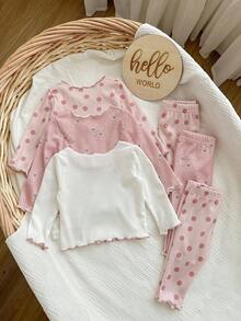 SHEIN 新生女婴可爱休闲针织波尔卡圆点图案粉色长袖睡衣套装 - 淺粉色 - 查看 2