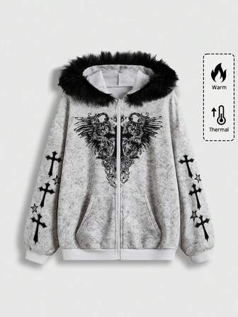 Fairycore Kreuz & Flügel Muster Strass Waschung Distressed Plüsch Hoodie