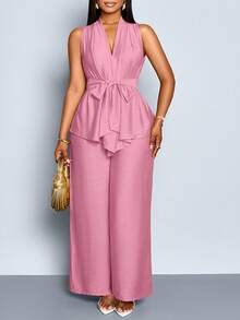 SOLERSUN Plus Size Solid Color Sleeveless Top And Wide Leg Pants 2 Pieces Set - Pink - View 4