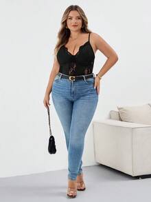 SHEIN CURVE+ Plus Size Women Halloween Lace Sexy Bodysuit/Autumn /Winter - Black - View 8