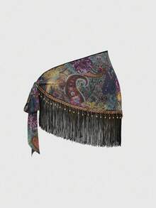 ROMWE Bộ bikini 2 mảnh họa tiết Paisley in hình lễ hội âm nhạc phương Tây phong cách Hippie cổ điển dành cho nữ, viền tua rua đính cườm và khăn sarong buộc dây - Nhiều màu - Xem 9