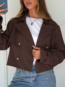 SHEIN EZwear Women's Solid Color Double-Breasted Casual Long Sleeve Woven Jacket,Fall,Brown Jacket Cropped Blazer Brown Blazer Women Cropped Jacket