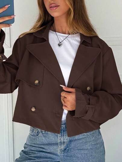 SHEIN EZwear Women's Solid Color Double-Breasted Casual Long Sleeve Woven Jacket,Fall,Brown Jacket Cropped Blazer Brown Blazer Women Cropped Jacket