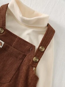 Loomiva 2件套男婴纯色针织柔软圆领长袖套头衫和吊带裤套装 - 杏色 - 查看 8