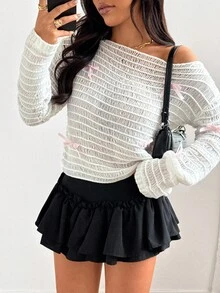 Flirla New Arrival White Hollow-Out Pink Bow Decor Cute Sweet Casual Off-Shoulder Sweater - White - View 6