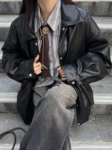 FRIFUL 女士纯色落肩长袖常规翻领宽松夹克，秋季皮夹克 - 黑色 - 查看 2