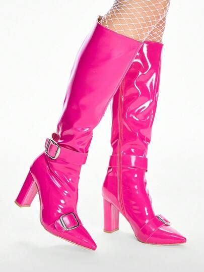 Kawaii Botas de mujer con puntera estilizada, tacón grueso, decoración con hebilla, material de PU brillante color fucsia, cómodas para uso diario y fiestas, con cremallera lateral, color rosa