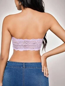 SHEIN Women's Simple Solid Color Lace Strapless Wireless Bra - Purple - View 3