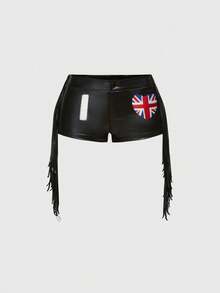 ROMWE Avant Pantalones cortos con flecos y adornos de strass de cintura baja para mujer, estilo Y2K - Negro - Ver 1