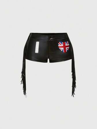 ROMWE Avant Pantalones cortos con flecos y adornos de strass de cintura baja para mujer, estilo Y2K