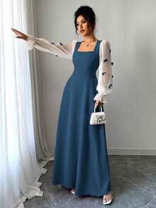 Modelyn 女式异质面料拼接蝴蝶结装饰3D花卉腰部收腰中长连衣裙 - 藏蓝色 - 查看 6