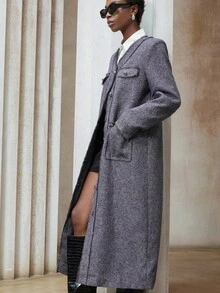 Aveloria Modichic Thick Tweed V-Neck Frayed Trim Metal Button Decor Long Commuter Jacket