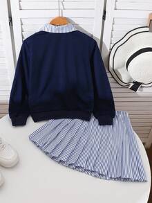 Genkimix Kids 2 件套年轻女孩休闲校园风格蝴蝶结条纹纯色落肩长袖运动衫 + 褶皱条纹迷你裙，舒适校服套装，开学季适用 - 寶藍色 - 查看 2