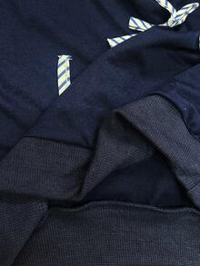 Genkimix Kids 2 件套年轻女孩休闲校园风格蝴蝶结条纹纯色落肩长袖运动衫 + 褶皱条纹迷你裙，舒适校服套装，开学季适用 - 寶藍色 - 查看 6