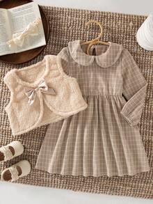 SHEIN 2 件套年轻女孩秋冬装，精致优雅风格加厚背心和格子连衣裙 - 杏色 - 查看 1