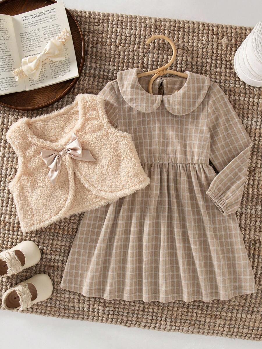 SHEIN 2 件套年轻女孩秋冬装，精致优雅风格加厚背心和格子连衣裙 - 杏色 - 查看 1