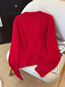 Franclia Elegant Loose Fit Round Neck Long Sleeve Knitted Pearl Beaded Design Pearl Button Front Cardigan For Women, Autumn/Winter Christmas