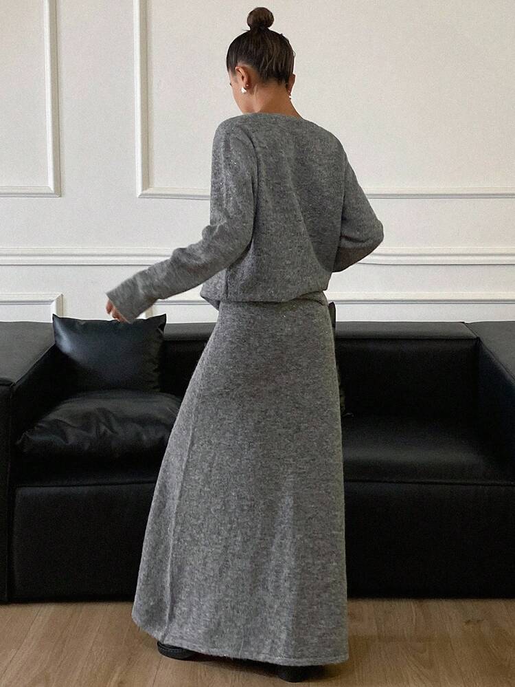 2pcs/Set Women Solid Color Loose Long Sleeve Sweater And A-Line Skirt, Casual Elegant Thick Outfit For Autumn/Winter
