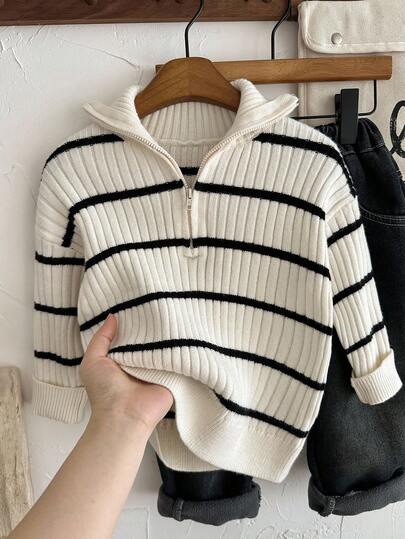 SHEIN LMoss Kids Young Boys' Autumn/Winter High Collar Striped Zip-Up Cardigan Sweater, Versatile For Home, School, Outings, Beige & Black Fall