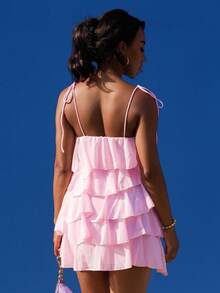 Yess Loren 夏季海边度假纯色浅粉色节日连衣裙荷叶边雪纺蛋糕裙吊带裙音乐节服装乡村音乐节服装演唱会服装返校服装婚礼伴娘服装 - 淺粉色 - 查看 2