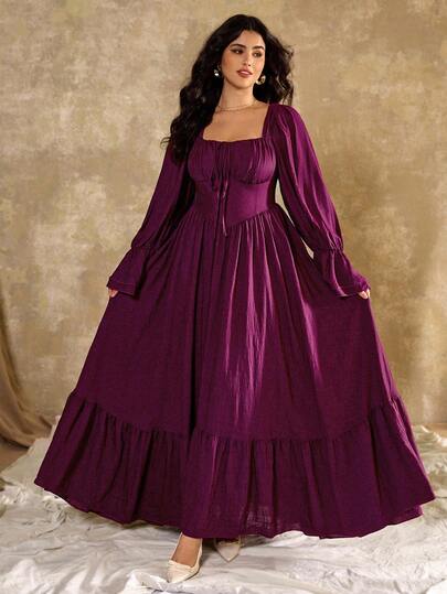 Roveilla 大码优雅复古系带袖口喇叭袖方领收腰 A 字连衣裙，秋冬