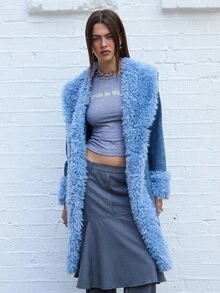 COUREZ 仿皮草长款大衣 /Y2K 秋季女装 冬季女装 女士冬季夹克 女士冬季外套 - 藍色 - 查看 4