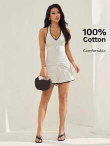 SHEIN PETITE Damski kombinezon w jednolitym kolorze z kontrastowym wykończeniem, głębokim dekoltem w serek, rozszerzanymi nogawkami, biała sukienka letnia, elegancka biała sukienka, biała sukienka halter, sukienka tenisowa, sukienka brunchowa, biała sukienka klubowa, sukienka damska, bawełniana sukienka, sukienka swobodna