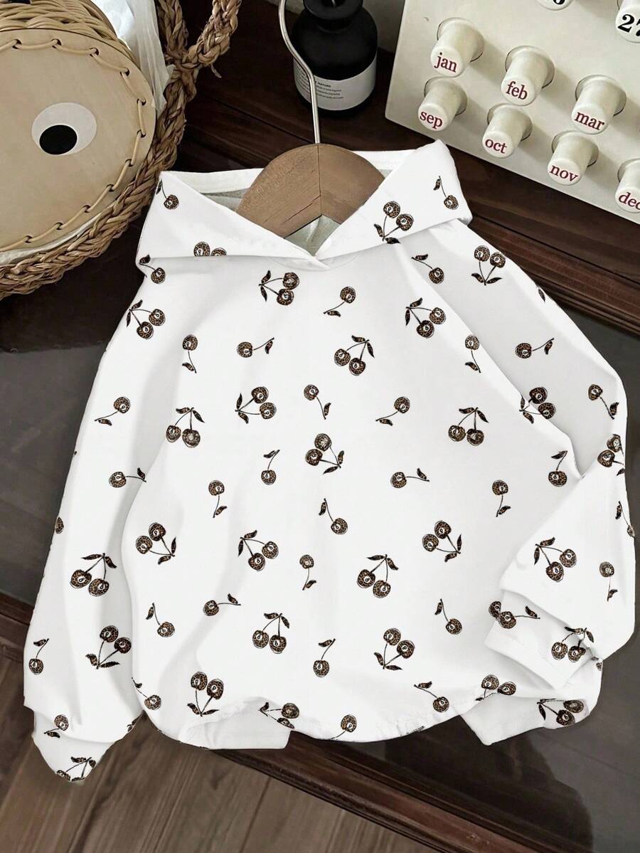 SHEIN Áo sweatshirt dáng rộng in hình quả anh đào dễ thương, phong cách thường ngày dành cho nữ tuổi teen, thích hợp cho mùa Thu/Đông. - trắng - Xem 1