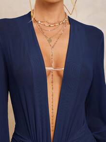 Lumalex Damen extra langes Kleid mit Leggings, transparenter V-Ausschnitt, Puffärmel, geraffter Bindedetail, abnehmbarer Metallschnalle und Oversized Rock - marineblau - Übersicht 7