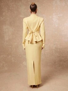 Lumalex Fall Winter Gathering Party Banquet Modest Old Money Coquette Glitter Holiday Party Rave Festival Outing Vacation Hot Outdoor Richly Layered Wedding Season Banquet Coming Of Age Ceremony Women's Solid Color Long Sleeve Single-Breasted Ruffle Hem Jacket And Straight Pencil Skirt Elegant Suit Set Blazer Dress For Women Butter Yellow Dress Skirt Suit Yellow Two Piece Set Luxury Prom Christmas New Year