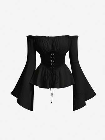 SHEIN MOD Plus Size Hollow Out Flared Sleeve Contrast Tie Waist Vintage Blouse