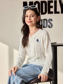 SHEIN 青少年女孩休闲日常通勤纯色刺绣 V 领粗针织套头衫，秋冬 - 白色 - 查看 3