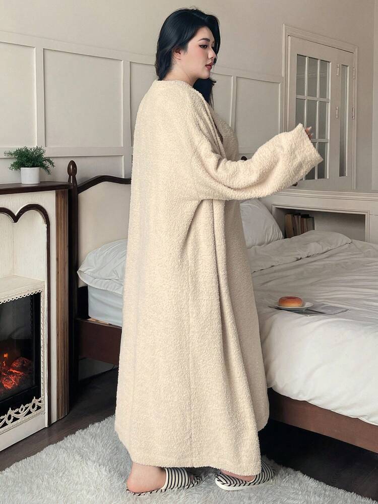 Dazy Plus 2pcs Solid Color Thick Knit Long Nightgown And Cardigan Sleepwear Set, Plus Size Women, Autumn/Winter, Fall Clothes