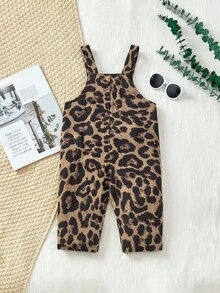 Mono casual de ajuste holgado con estampado de leopardo y tirantes para niña - Marrón - Ver 2