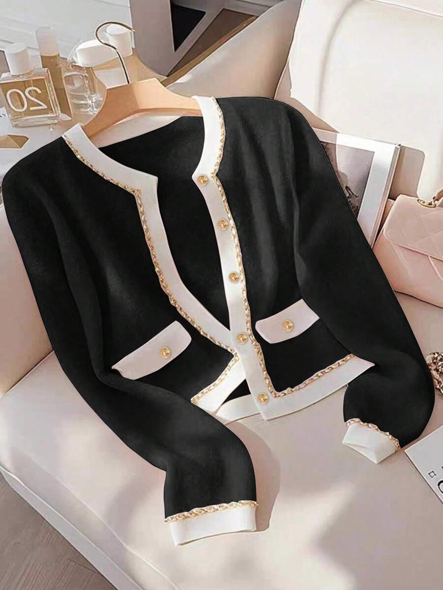 GlowEve Women's Autumn/Winter Contrast Color Soft & Versatile Knitted Cardigan Sweater - Black - View 1