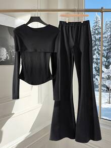 Franclia 2 piezas Conjunto de top de manga larga y pantalones de unicolor minimalista para mujer