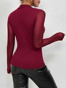 Chiquease Fashionable Commuter Solid Color Mesh Splice Slim Fit Long Sleeve T-Shirt - Burgundy - View 2