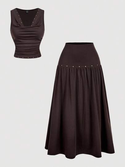 SHEIN MOD Vintage 70s Women's Brown Draped Neck Studded Vest And Long Skirt Two Pieces Set – Retro Hippie, Holiday Wear, Bohemian, Y2K, Western, And Nomadic Style,Halloween Costumes Brown Two Piece Set Women Midi Skirt Set 2 Piece Skirt Sets Woman Top And Skirt Dark Brown Dress,2000s Clothes,Costume