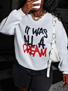 Rovax Women's Slogan Printed Sweatshirt IT WAS ALL A DREAM,Ladies Spring/Fall Casual Wrist-Length Sleeve Round Neck Loose Regular White Drop Shoulder Pullovers Women Hoodies Graduation,Back To School Outfits,Graduation,Teacher Outfits For Women,Back To School - White - View 4