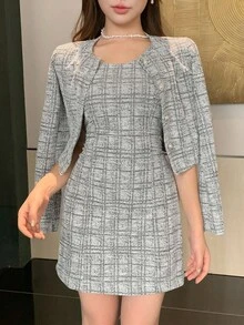 DAZY 女士优雅两件套：夹克和连衣裙，秋季 - 灰色 - 查看 7