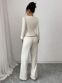 Elenzga Conjunto de dos piezas de blazer de punto con cuello en V elegante, decoración de botones y mangas largas, con ribete de contraste, adecuado para ir a la oficina, fiestas, eventos festivos como Navidad, Halloween, uso casual y elegante en la oficina, citas