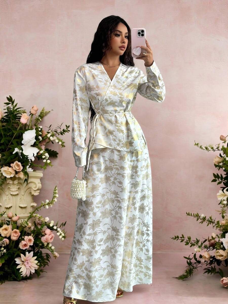 SHEIN Raffinéa Bộ áo và chân váy buộc nơ bất đối xứng họa tiết hoa - trắng - Xem 1