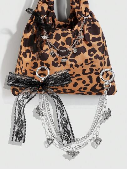 Kawaii 1pc Vintage Y2K Goth Fashion Dark Style Silver Hollow Multilayer Chain Bat Pendant With Black Lace Bow Decor, DIY Keychain/Bag Charm, Suitable For Women As Daily Wear Or Gift For Holiday, Halloween