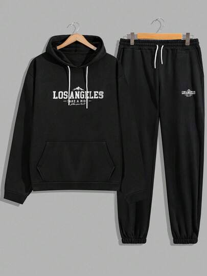 EURMUSE Plus Size Cotton Men Letter Printed Regular Hoodie Set