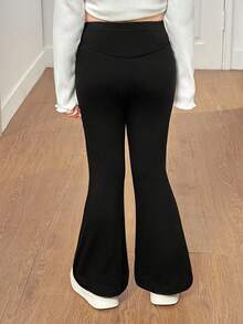 SHEIN 少女黑色纯色高腰喇叭裤，适合居家休闲、户外运动，可搭配运动服，适合秋冬季、上学、日常穿着。喇叭裤，黑色喇叭裤，秋季喇叭打底裤，黑色半身裙，喇叭裤打底裤。 - 黑色 - 查看 2